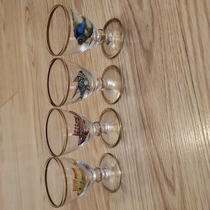Rare Set Of 4 -1oz 2.5" Inch 3D Painted Tropical Fish Gold Rimmed Shot Glasses